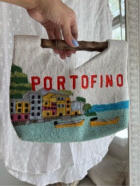 Viral Portofino Italy Handcrafted Beaded Bag Bamboo Handle Clutch